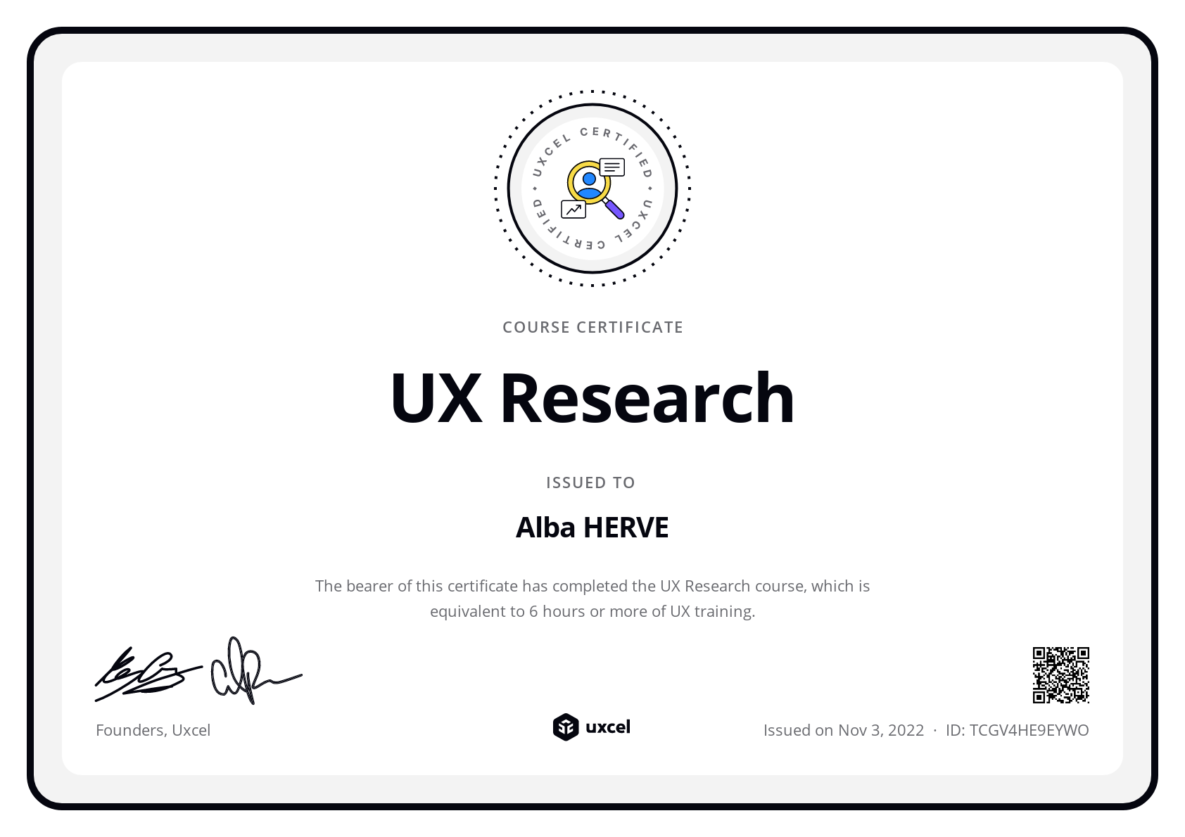 Alba HERVE's certificate